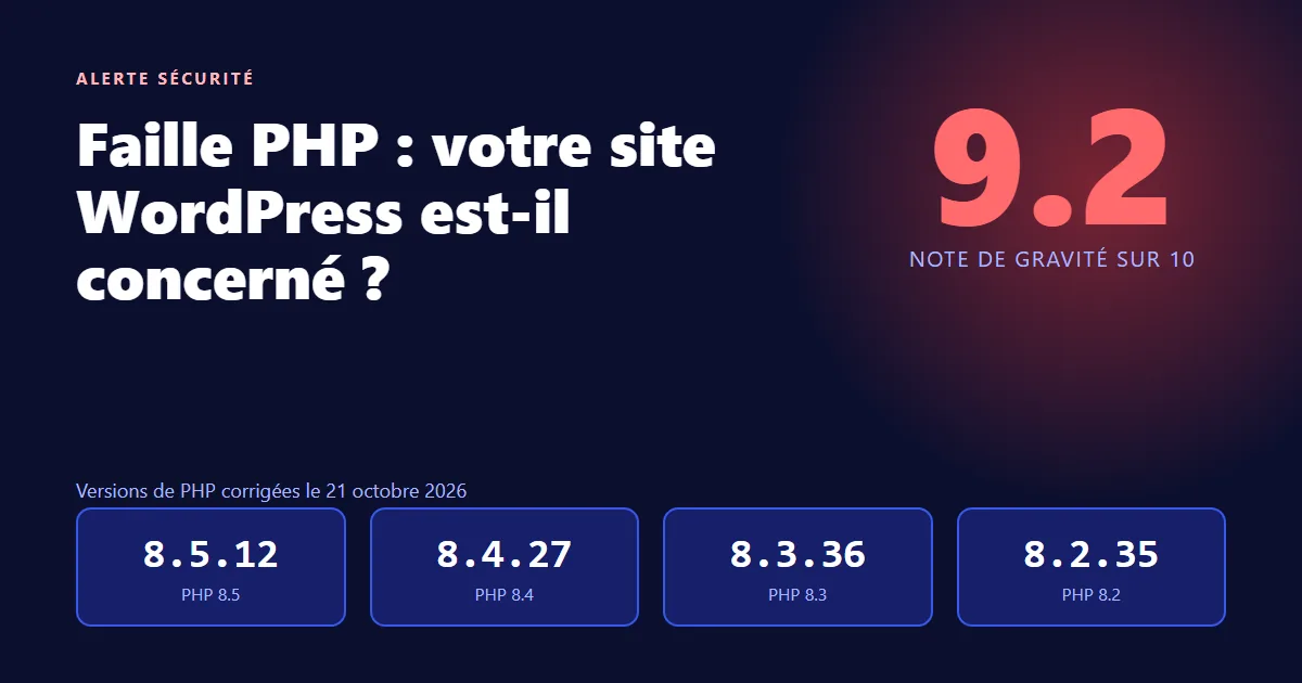 Alerte de sécurité : faille PHP de gravité 9.2 et versions corrigées de PHP 8.2 à 8.5