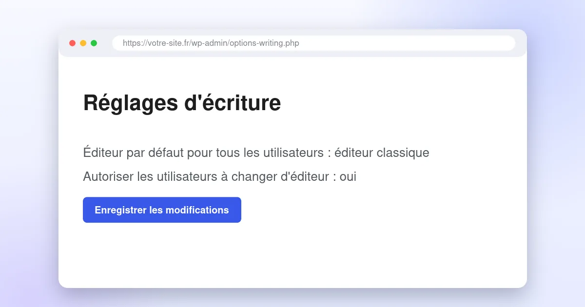 Réglages d'écriture de WordPress avec le choix de l'éditeur classique